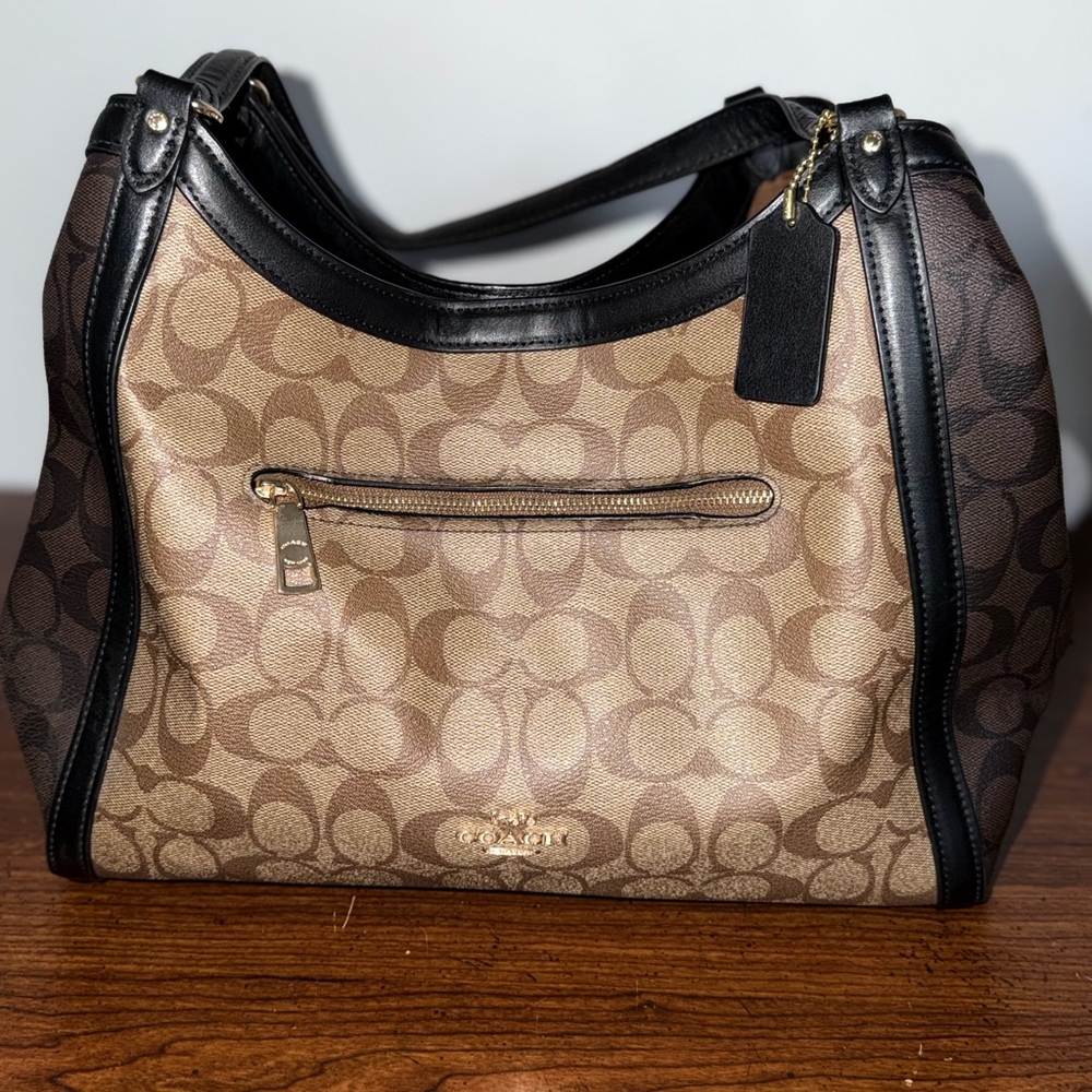 Coach Tan and Black Signature Shoulder Bag